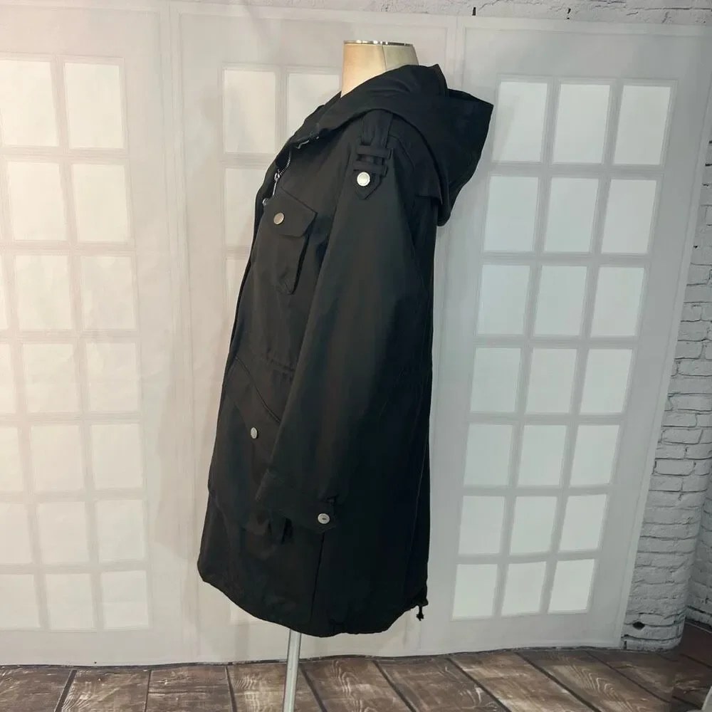 BCBGeneration Black Full Zip Hooded Lined Leather Look Jacket Size Large - Picture 6 of 10